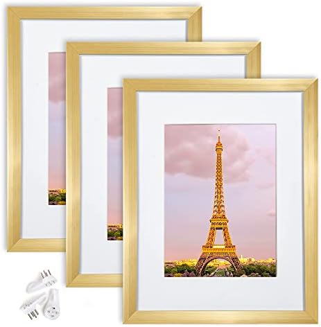 upsimples 8.5x11 Picture Frame Set of 3, Made of High Definition Glass for 6x8 with Mat or 8.5x11 Without Mat, Wall Mounting Photo Frames, Gold