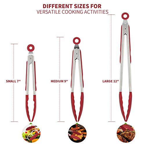 Kitchen Tongs, U-Taste 7/9/12 Inches Cooking Tongs, With 600ºf High Heat-Resistant Non-Stick Silicone Tips, 18/8 Stainless Steel Handle, For Food Grill, Salad, Bbq, Frying, Serving, Pack Of 3(Red) #TOP1