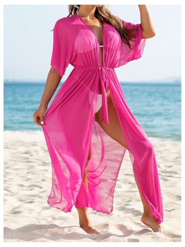 OYOANGLE Women's Beach Kimono Cover Ups Mesh Sheer Tie Waist Short Sleeve Long Cardigans Resort Wear3