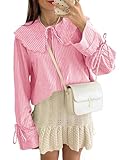 Tankaneo Womens Peter Pan Collar Shirts Long Bell Sleeve Tie Front Tops Vertical Striped Button Down Cute Blouse Pink