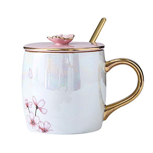 KEYIGOU 13.5oz Cherry Blossom Ceramic Mugs with Lid Gold Spoon Porcelain Coffee Milk Tea Cups Office Travel Cup with Gift Box for Women Lovers Friends KEYIGOU 13.5oz Cherry Blossom Ceramic Mugs with Lid Gold Spoon Porcelain Coffee Milk Tea Cups Office Travel Cup with Gift Box for Women Lovers Friends