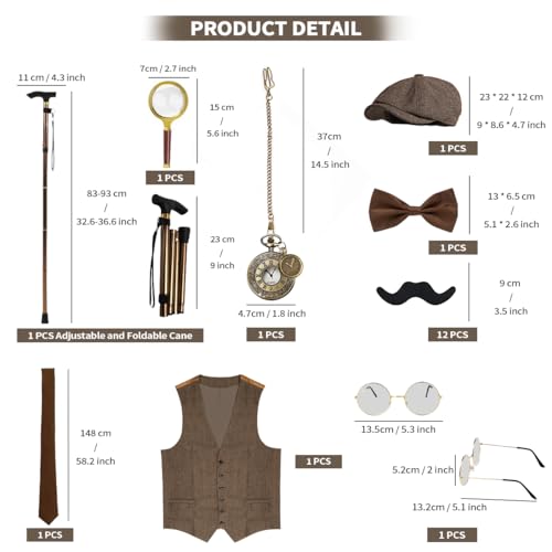 VillbeCoser 1920s Mens Costume, Roaring 20s Costumes Accessories Set Vest Foldable Crutches Fedora Hat Vintage Pocket Watch Bow Tie and Tie Gangster Costume 20s Party Outfits (Brown L)