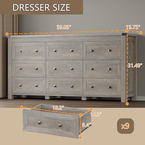 Image of BORNOON 9-Drawer Dresser, Modern Wooden Storage Chest of Drawers, Dresser TV Stand, Wood Drawer Organizer with Metal Handles for Bedroom, Living Room, Hallway