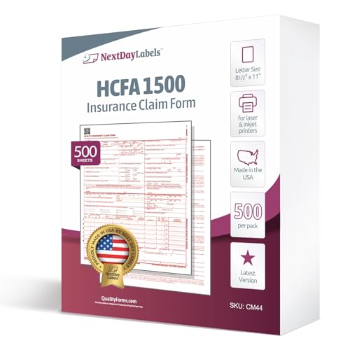 Image of NextDayLabels CMS 1500 / HCFA 1500 Insurance Claim Forms, 500 Sheets | Laser & Inkjet Compatible, New Version 02 /12, 8.5 inch x 11 inch, 1-Part Form, Printed Red Ink, Made in USA