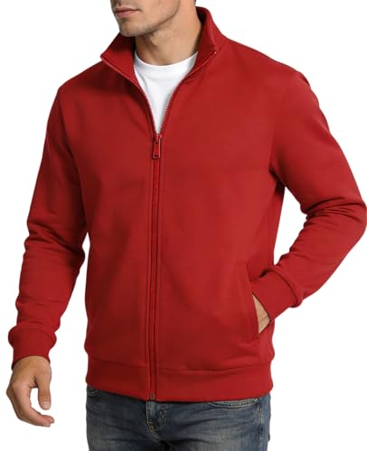 Mlgaril Men's Red Zip Up Sweatshirt Mock Neck Fleece Full-Zip Jackets Without Hood Lightweight Casual Fashion Long Sleeve Top With Pockets S