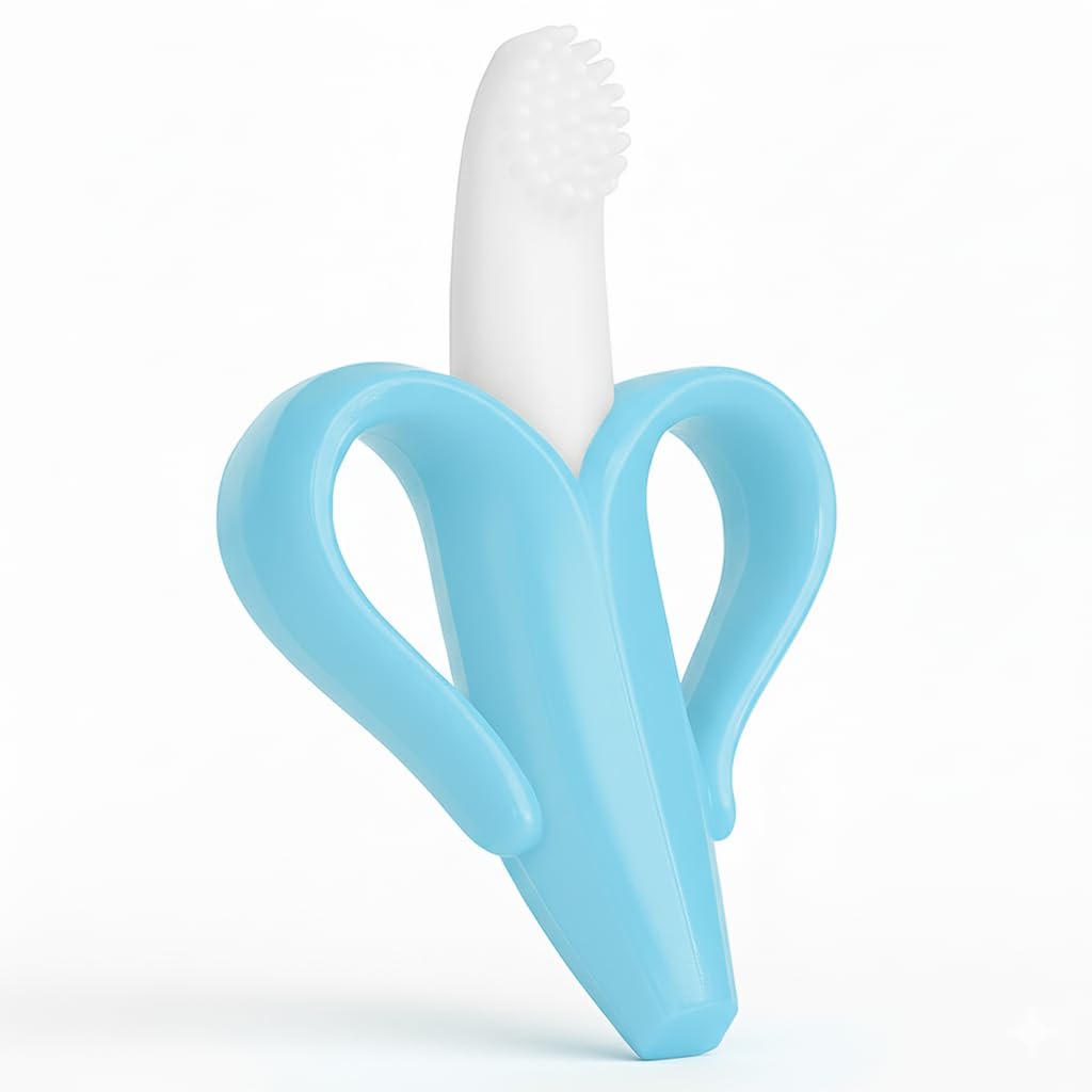 Banana teether for babys - toothbrush for teething - In different colours with gift bag, blue, 10x6 cm (1er Pack)