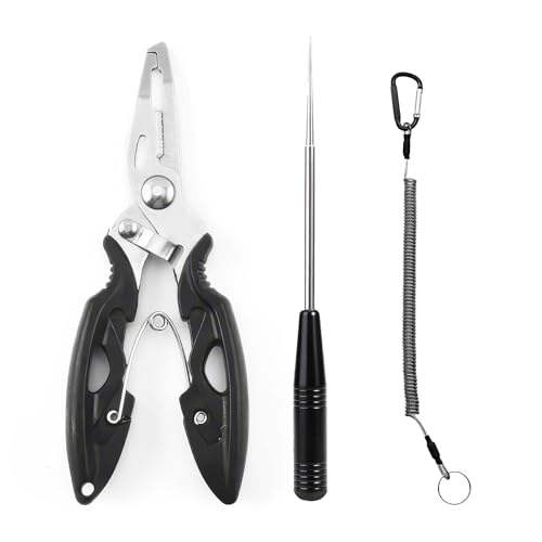 DHWEKU Juego de Alicates Pesca de Aparejos,Alicates Pesca,Gancho Herramienta de Pesca,Alicates de Corte de LíNea de Pesca,Pinza de Tijeras de Pescar,Inoxidable de Pesca de Alicates para LíNea
