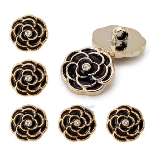 Image of Pack of 6 Resin Rose Flower Buttons Diameter 20 L Shank Button for Sewing and Art and Craft| Beautiful Black Rose with Golden Edges and Rhinestone in Centre