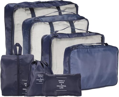 Image of 7 Pcs Travel Organizer Bag Set for Luggage | Waterproof Packing Cubes for Clothes, Shoes & Toiletries | Foldable Travel Storage Bags for Men & Women | Black Travel Pouch Set (DARK BLUE)