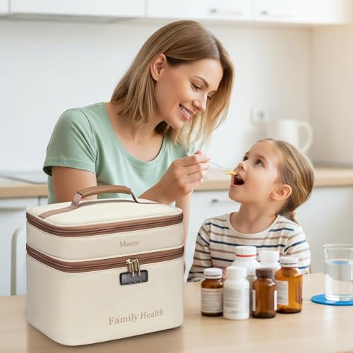 Image of Mancro Lockable Medicine Bag, 2-Layer Pill Bottle Organizer Storage with Adjustable Dividers, Medication Travel Case for Pills, Vitamins & Supplements, Medicine Organizer for Dorm, Home Use and Trips