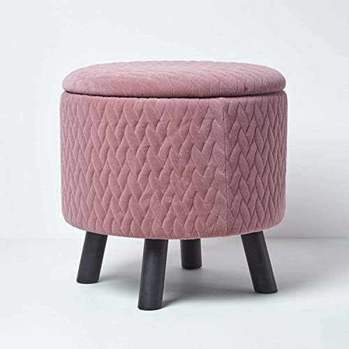 HOMESCAPES Dusky Pink Velvet Quilted Footstool on Legs and Hidden Storage 49 cm Tall Large Modern Style On-Trend Pouffe Balmoral Style Multi-functional Round Ottoman Soft Stool Seat with Lid