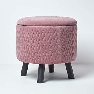 HOMESCAPES Dusky Pink Velvet Quilted Footstool on Legs and Hidden Storage 49 cm Tall Large Modern Style On-Trend Pouffe Balmoral Style Multi-functional Round Ottoman Soft Stool Seat with Lid