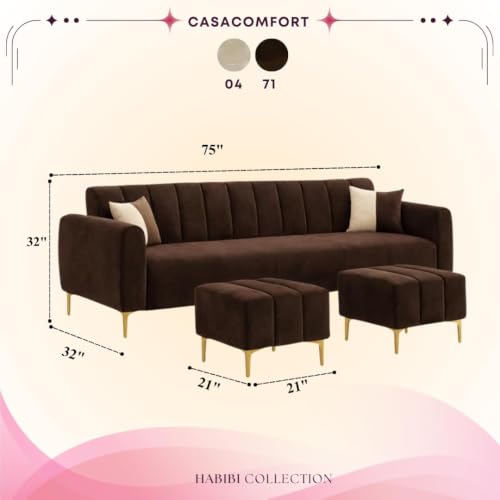 Image of Habibi 5 Seater L Shape Sofa Set with 2 Movable Ottomans | Flexible Layout | Rich Velvet Suede Fabric | Silver Legs | Modern Sofa for Living Room (Cream) (Dark Brown, Habibi)