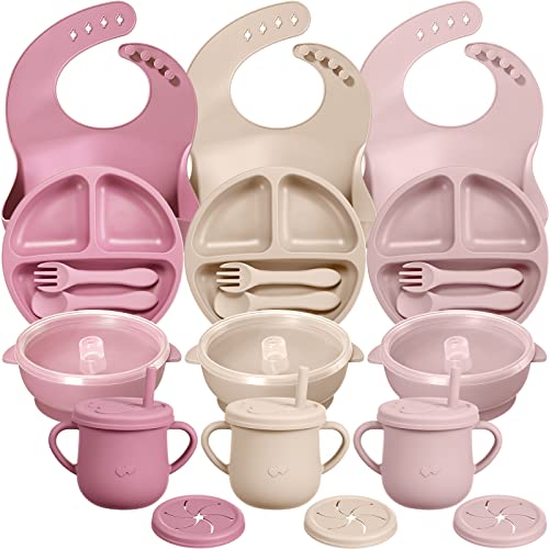 Image of 3 Sets Baby Led Weaning Supplies, Silicone Baby Feeding Set with Divided Plate Adjustable Bib Suction Bowl with Lid Snack Cup Soft Spoon Fork, Self Eating Utensil (Beige, Pink, Light Pink)