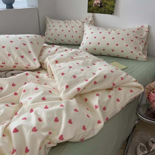 Image of Nayoroom Heart Duvet Cover Twin Size Kawaii Pink Heart Printed on Cream White Bedding Set 2Pcs Kids Girls Cute Heart-Shaped Pattern Comforter Cover with Zipper Closure Soft Breathable Microfiber