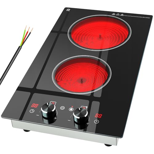 2 Burner Electric Cooktop 220-240V, 3000W Radiant Electric Stove Top with Built-in Design, 12 inch Knob Control Ceramic Cooktop with Safety Lock, 9 Level Power, Timer - Hard Wire