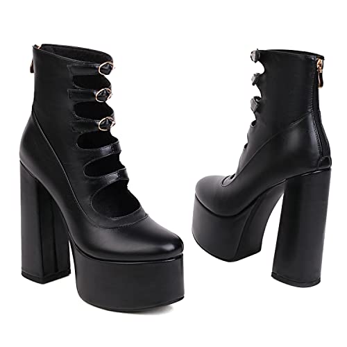 LEHOOR Chunky High Heel Platform Mary Jane Pumps for Women Round Toe Strappy Caged Sandal Booties Zipper 4
