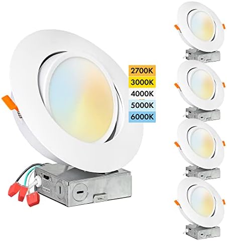 PROCURU [4-Pack] 6-Inch Gimbal Air-Tight LED 2700K-6000K Color Selectable, Rotate & Swivel Ultra-Thin Recessed Ceiling Downlight with J-Box, Dimmable, IC Rated (V6SL-GB-4P)
