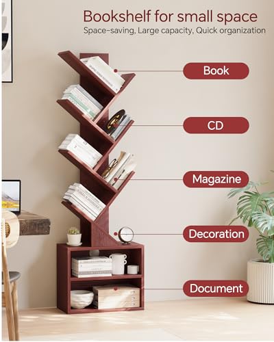 Image of SUNMORY 6 Tier Tree Bookshelf, Tall Small Bookcase with Storage Cabinet | Narrow Bookshelves Organizer, Floor Standing Book Case Shelf for Bedroom Living Room Home Office Corner, Cherry