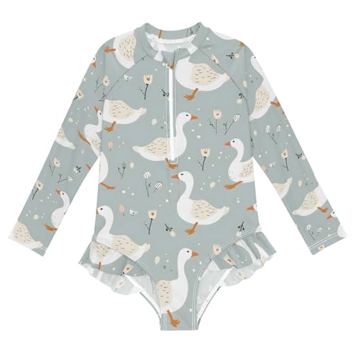 Little Ducks Flower Girls Long Sleeve Swimsuit Rash Guard One Piece Bathing Suits Zipper 3-12T