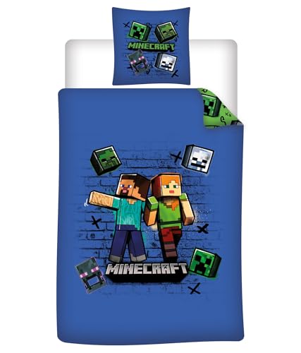 Minecraft Bettwäsche – Offizielles Steve & Alex Design – Bettbezug 135x200 + Kissenbezug 80x80 – Wendebettwäsche aus 100% Mikrofaser – Weiches Gamer-Bettwäsche-Set für Kinder & Jugendliche