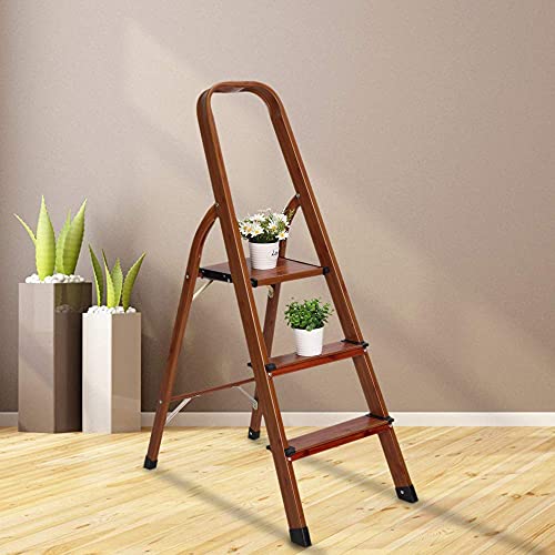 LUISLADDERS 3 Step Ladder Woodgrain Aluminum Lightweight Ladders Folding Step Stool for Home and Kitchen Ladder 330lb