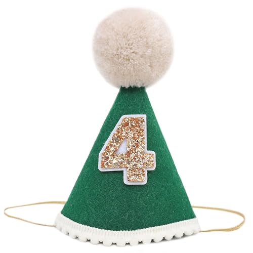 WAOUH Green 4th Birthday Hat - Football four Years Old Birthday Decorations,Glitter Number 4 Birthday Hat,Football Green Cone Hat Photo Props,Cake Smash Party Hat Decorations With Pom Ball