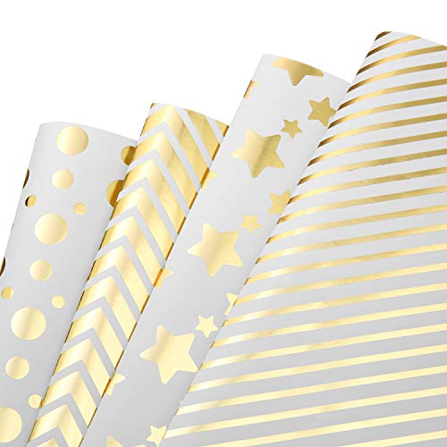 MOOKLIN ROAM Papel de Regalo, 4 Hojas Surtidos de Papel de Envoltura de Regalo Dorado con Puntos y Estrellas - Bodas, Cumpleaños, Christmas para Niños Hombre Mujer de Regalos (4 Diseño, 70 x 50cm) Cover