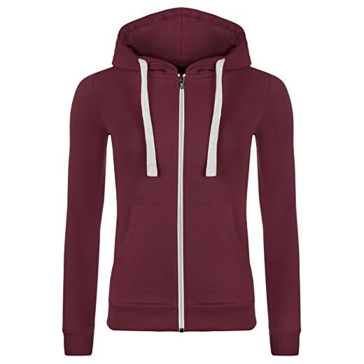 WearAll - Nouveau Dames Encapuchonné Fermeture à glissière Manches Longues Extensible Poche Hoodie Top - Vin - 44
