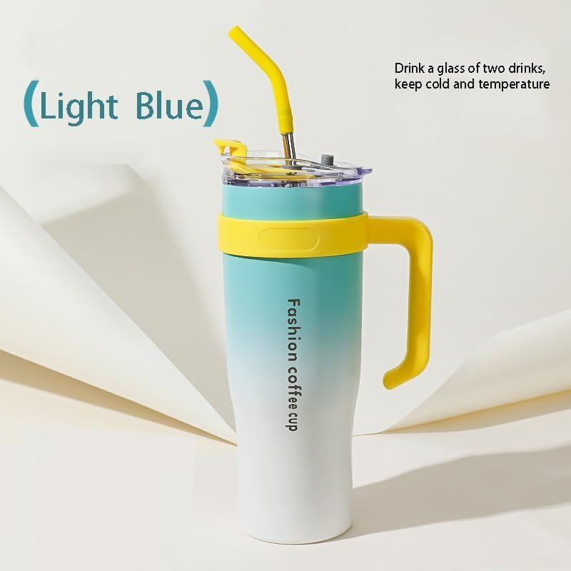 Image of MOOKA 1200ML Stainless Steel Tumbler Hot and Cold with Handle and Lid 2 Straw, Double Insulated Cup 100% Leak Proof Mug Cupholder for Gym, Travelling (Blue White)
