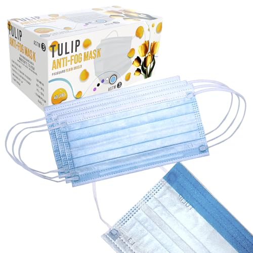 Blue Disposable Face Masks with Nose Foam Strip - ASTM Level 3 Anti Fog Fluid Shield Procedure Mask - Comfortable, Breathable 4-Layer Protection Facemask with Earloops (Box of 40) by Tulip