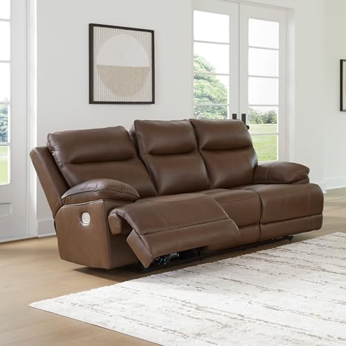 Image of Signature Design by Ashley VonRyan Power Reclining Sofa, Top Grain Leather Seating, Zero-Gravity Recliner Couch, Living Room Furniture, Tobacco Brown, 92-Inch