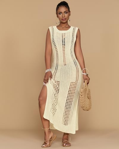 Image of Bsubseach Womens Crochet Beach Cover Ups Sleeveless Swimsuit Dress
