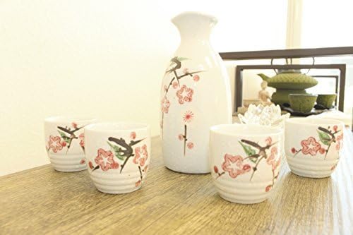 Porcelain Japanese Sakura Flower Sake Set 4 Cups 1 Decanter/Bottle/Carafe (F15691) ~ We Pay Your Sales Tax