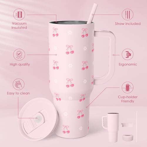 Image of SANDJEST Cherry 40oz Slider Tumbler with Handle and Straw - Insulated Stainless Steel Travel Coffee Mug for Women Girls, Gift for Birthday Christmas