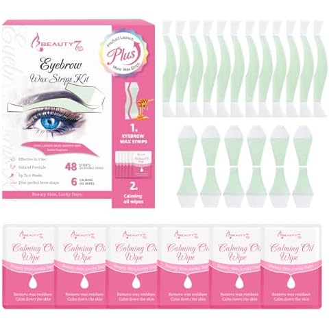 Beauty7 Eyebrow Wax Strips, Plus Volum Eyebrow Waxing Kit, Facial Wax Strips, Facial Hair Removal, at Home Waxing 48 Strips, 6 Calming Oil Wipes, for All Skin Types Women Cover