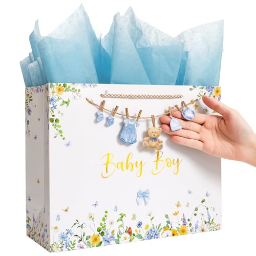 Crisky Large Baby Gift Bag with Tissue Paper Gift Card and Bow for Baby Shower Boys Kids Birthday Party decoration (Features a Babysuit Banner and Blue Bow)