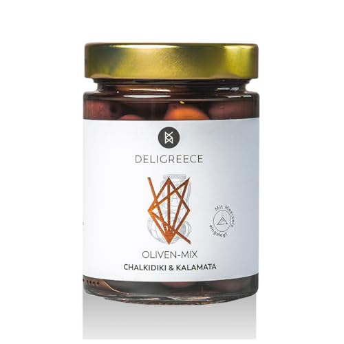 DELIGREECE - Oliven Mix in Salzlake | Mischung aus dunklen Kalamata- und grünen Chalkidiki-Oliven, eingelegt in Meersalzlake. Knackige Oliven, perfekt als Beilage, Vorspeise oder für Salate | 345g