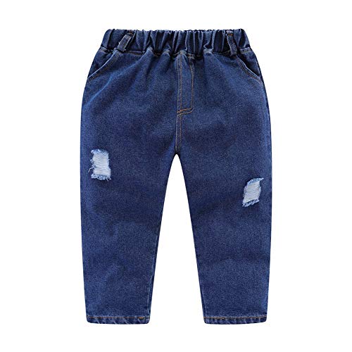 Mud Kingdom Cute Little Boys Ripped Denim Pants Elastic Waist Casual Dark Blue 5T