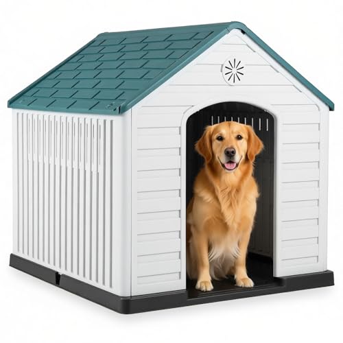 Maxmass Plastic Dog House Weather-Resistant Dog Kennel with Roof Elevated Floor Air Vents Indoor Outdoor Pet House Waterproof Pet Cage Large Pet Shelter for Dogs Cats Rabbits (Dark Blue+White)
