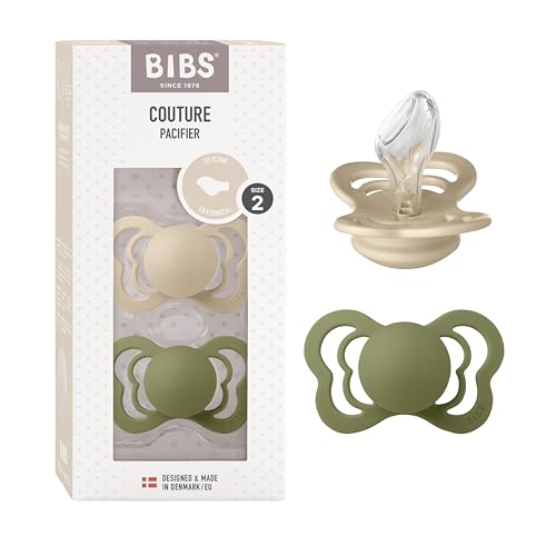 BIBS Couture Schnuller 2er-Pack, BPA-frei, Kiefergerechte Form. Silikon, Hergestellt in Dänemark. 6-18 Monate (2er Pack), Vanilla/Olive