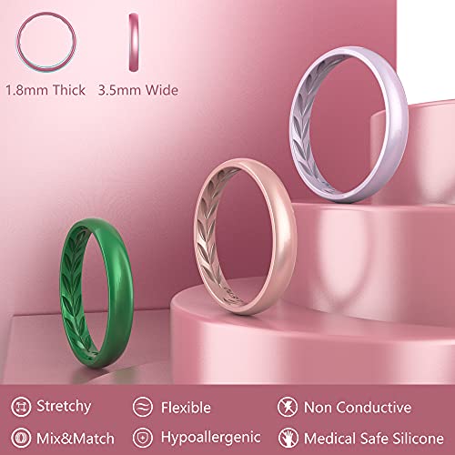 Zollen 10 Packs Silicone Wedding Rings for Women, 3.5mm Metallic Thin Rubber Wedding Bands Stackable Ring, Inner Breathable Olive Leaves Design2