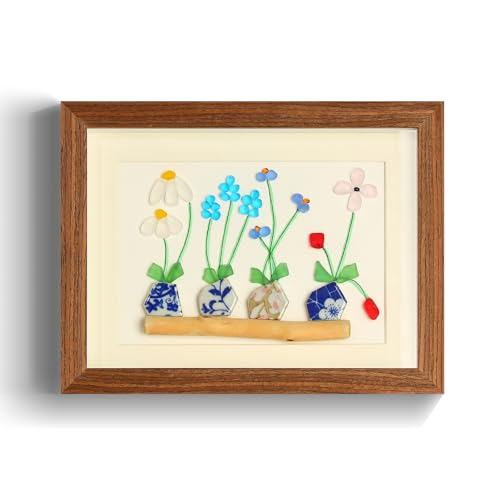 Beach Sea Glass Flowers Art Pictures, Handmade Sea Glass Art Framed Wall Art Decor, Friendship Colleague Gifts Mother's Day gift Idea,Birthday Gifts Housewarming Gift