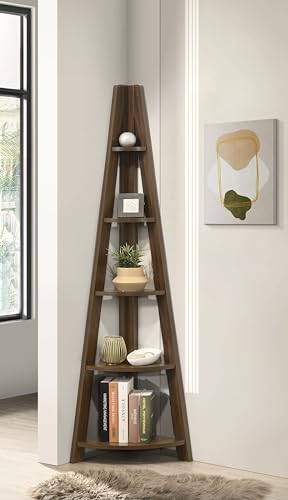 Image of DeckUp TIVA Engineered Wood Corner Ladder Book Shelf (Walnut, Matte Finish)
