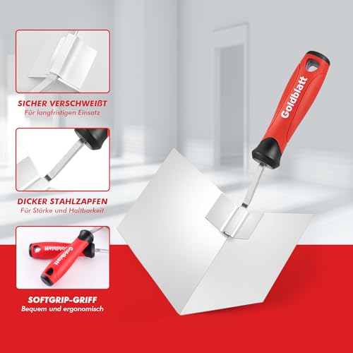 Goldblatt 2-tlg. Eckenkelle Set, 126 x 100 mm Inneneckenkelle & 89 x 62 mm Außeneckenkelle, Eckspachtel Kantenkelle aus Edelstahl mit weichem Griff, Rostfreie Eckkelle für Gipsarbeiten