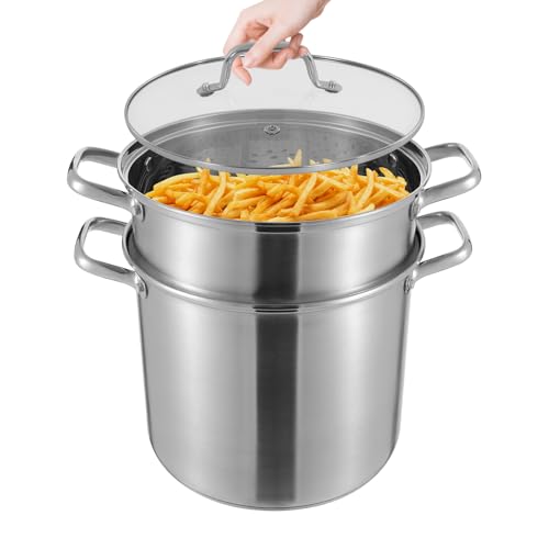 Olla de 8 L, olla grande con un inserto de vapor, olla para espaguetis con tapa de cristal, olla grande de acero inoxidable, olla doble, 36,5 x 36,5 cm