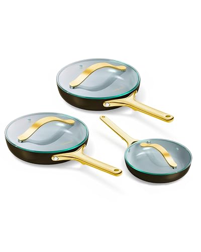 Image of Caraway Ceramic Nonstick Fry Pan Set with Glass Lids - Includes Two 10.5 inch Fry Pans, One 8 inch Fry Pan, & Three Lids - Non Toxic, PTFE & PFOA Free - Oven Safe & Compatible with All Stovetops - Black
