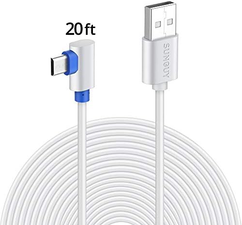 SUNGUY 20FT Micro USB Extension Cable White 90 Degree Micro Charging Power Cord for Blink Camera/Kasa Cam/Cloud Cam and More Home Security Camera iQ-White