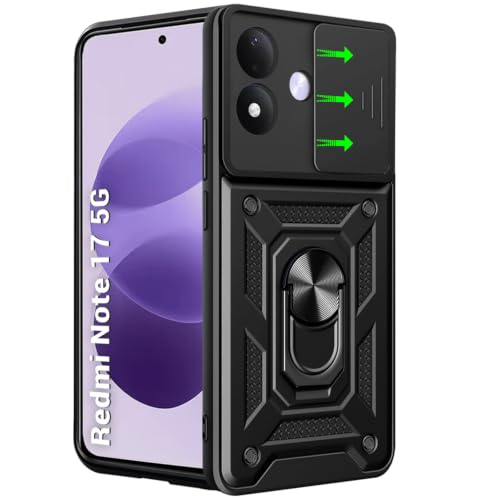 Image of TheGiftKart Tough Armor Bumper Back Cover Case for Redmi Note 17 5G | Sliding Camera Cover, Kickstand & Ring Holder | 360 Degree Protection Back Cover Case for Redmi Note 17 5G (PC & TPU, Black)