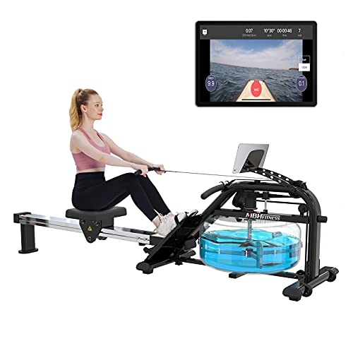 MBH Fitness Water Rowing Machine for Home Use, 330 lbs Capacity Water Resistance Rower with Workout App, LCD Monitor, iPad Holder
